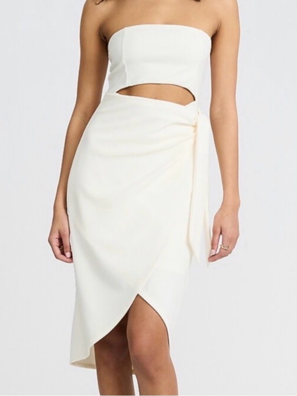 Strapless Cutout Tie Wrap Midi Sheath Dress in Ivory (XS)